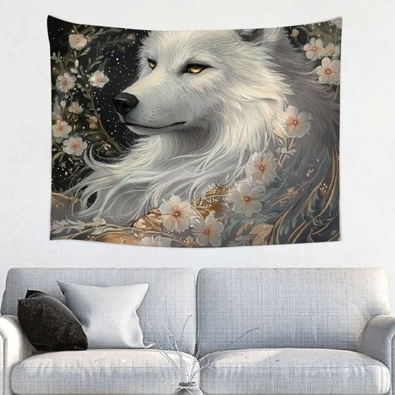ZFLMY White Wolf Flowers Fantasy Art Tapestry Wall Hanging 100% Polyester Decorations for Dorm Home Wall Art Decorative Bedroom Living Room Decoration 40x30in