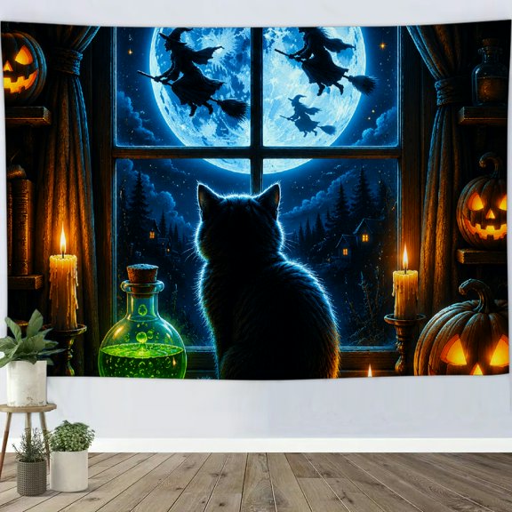 ZFLMY Window Cat Watching Flying Witches Printed Tapestry Wall Hanging, 100% Polyester Bedroom Dorm Living Room Office Apartment Home, Polyester Fabric Wall Hanging Decor