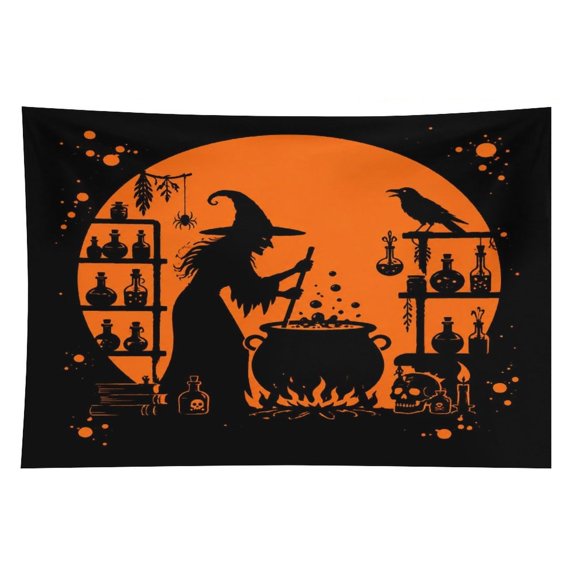 ZFLMY Witch Brewing Potion Orange Circle Graphic Tapestry, Polyester Print Wall Hanging Tapesties for Bedroom Dorm Living Room, Aesthetic Home Decor for Adults And Family