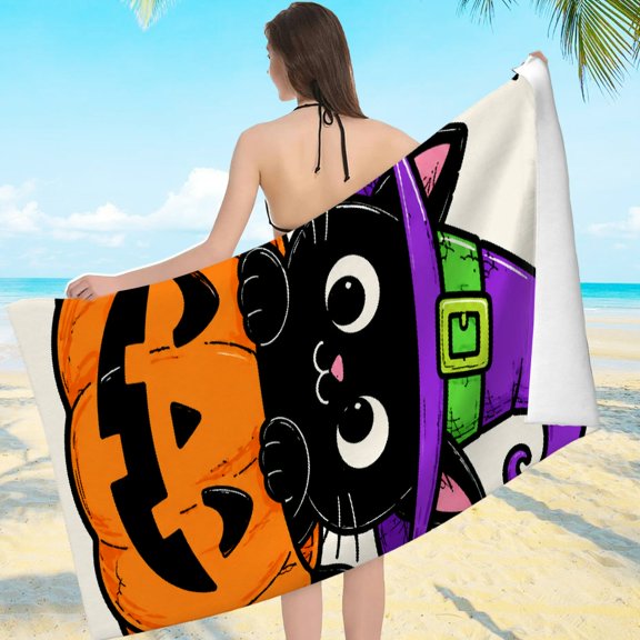 ZFLMY Witch Cat Pumpkin Candy Corn Cartoon Compact Lightweight, Ultra-Soft Microfiber Machine Washable Beach Pool Great Gift
