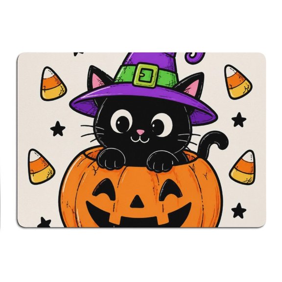 ZFLMY Witch Cat Pumpkin Candy Corn Cartoon Mouse Pad, Square Smooth Surface Desk Mat, Stitched Edge for Office, Laptop, Computer, Home