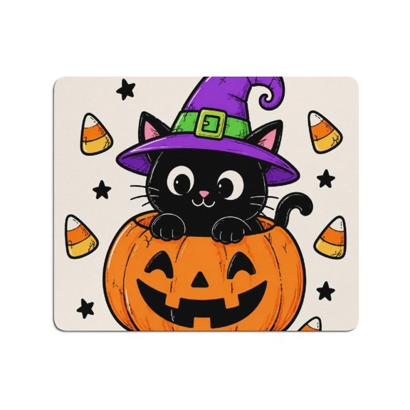 ZFLMY Witch Cat Pumpkin Candy Corn Cartoon Mouse Pad, Square Smooth Surface Desk Mat, Stitched Edge for Office, Laptop, Computer, Home