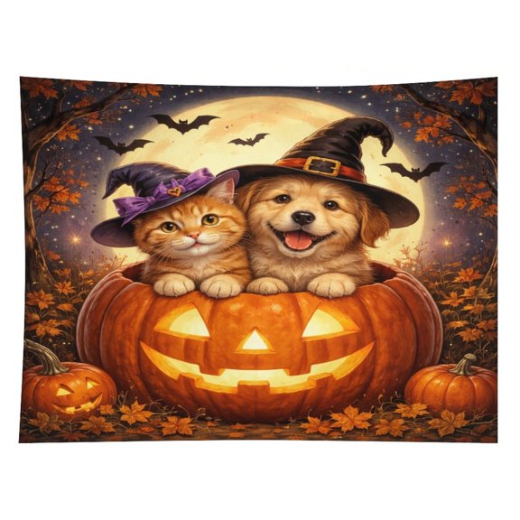 ZFLMY Witch Kitten Puppy Pumpkin Bucket Tapestry, Polyester Print Wall Hanging Tapesties for Bedroom Dorm Living Room, Aesthetic Home Decor for Adults And Family