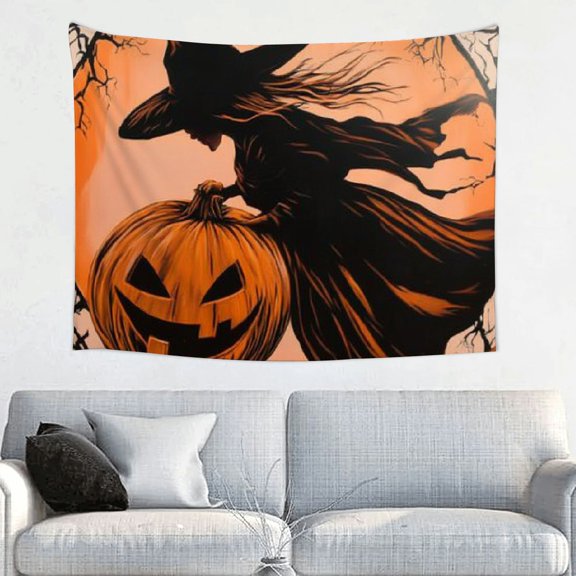 ZFLMY Witch Pumpkin Broom Tapestry Wall Hanging for Home Decor, Halloween Dorm Decoration, 100% Polyester, Various Sizes 40x30in