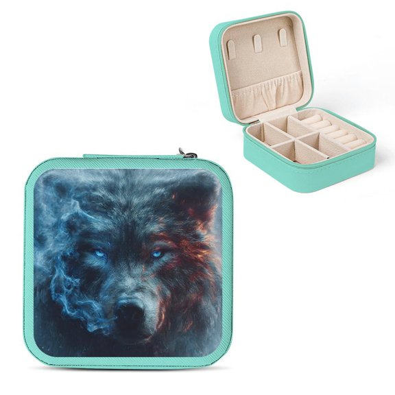 ZFLMY Wolf Blue Eyes Smoke Travel Jewelry Box for Necklaces Rings Earrings Green