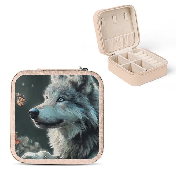 ZFLMY Wolf Butterfly Small Jewelry Box for Women Travel Organizer Pink