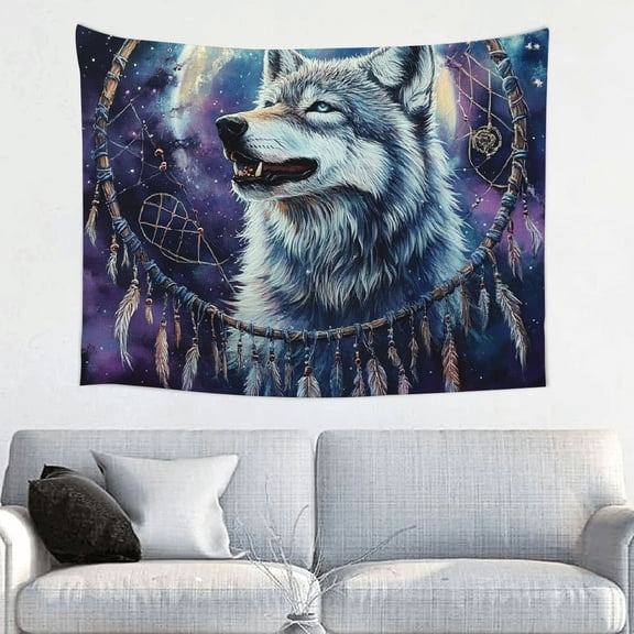 ZFLMY Wolf Dream Catcher Full Moon Wall Hanging Tapestry, Polyester Fabric, for Living Room Bedroom Dorm Decoration, 4 Sizes Available 40x30in