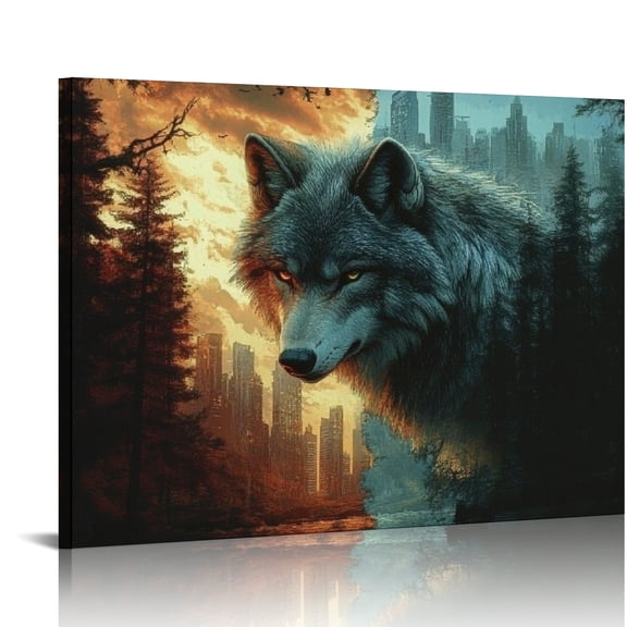 ZFLMY Wolf Forest City Canvas Print Wall Art Decor, Ready To Hang Room Home Art Decor, Perfect Gift for Home Office Hotel Decor 16x12in
