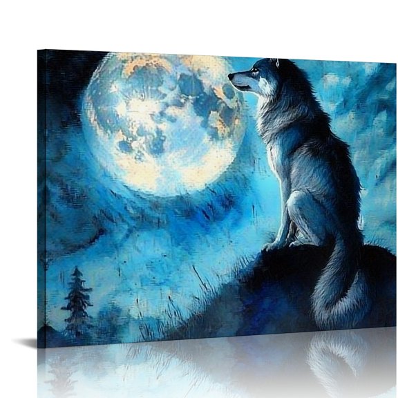 ZFLMY Wolf Moon Night Art Modern Canvas Prints Wall Art Decor for Home Living Room Bedroom Office Hotel Salon Bar, Ready To Hang Room Home Art Decor 16x12in