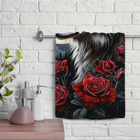 ZFLMY Wolf Roses Full Moon Spa Towel Hand Towel 100% Polyester Funny Kitchen Towels for Kitchens Bathrooms Showers 29.5x13.8 inches 29.5x13.8in