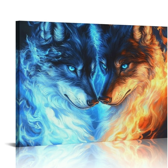 ZFLMY Wolfs Blue Eyes Flames Canvas Print Wall Art Ready To Hang Home Decor 16x12in