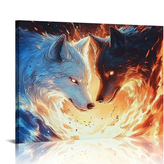 ZFLMY Wolfs Fire Water Print On Canvas Wall Art Ready To Hang Home Decor 16x12in
