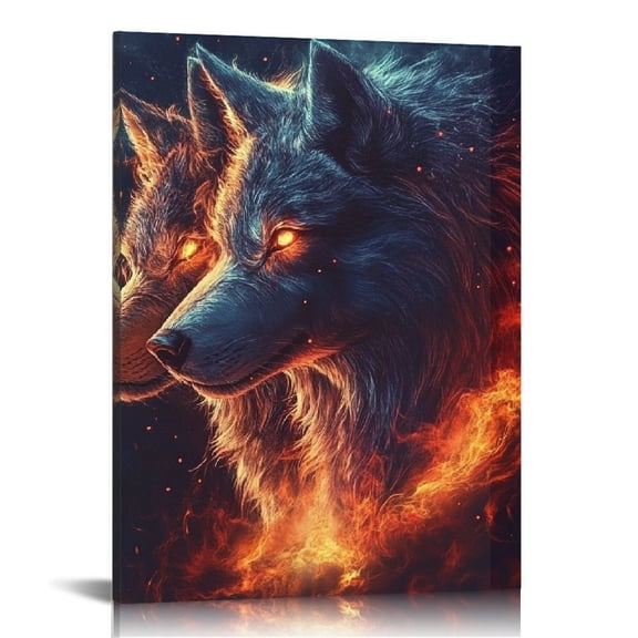 ZFLMY Wolfs Glowing Eyes Flames Canvas Wall Art Print On Canvas Modern Home Decor Living Room Bedroom Office 12x16in