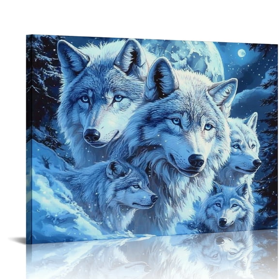 ZFLMY Wolfs Snow Moon Art Modern Canvas Prints Wall Art Decor, Ready To Hang Home Room Decoration 16x12in