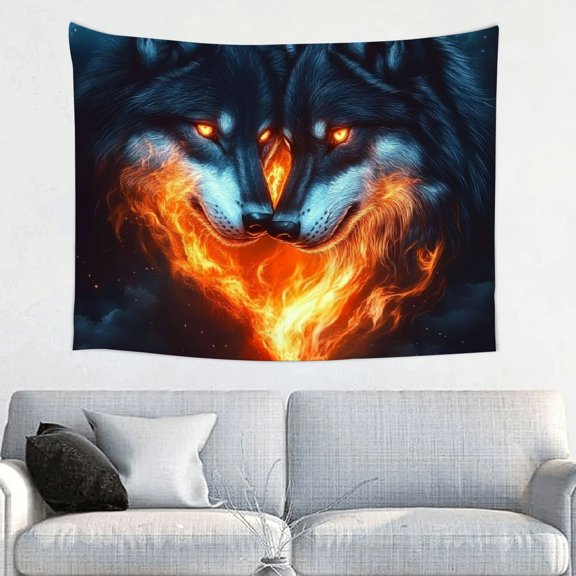 ZFLMY Wolves Glowing Eyes Flames Polyester Tapestry Wall Hanging for Home Decor, Wall Art Tapestry for Decorative Bedroom and Living Room, Various Sizes Available 40x30in