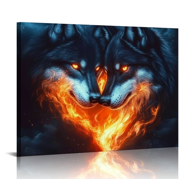 ZFLMY Wolves Glowing Eyes Flames Print On Canvas Wall Decor for Bathroom Modern Art Ready To Hang Home Decor 16x12in
