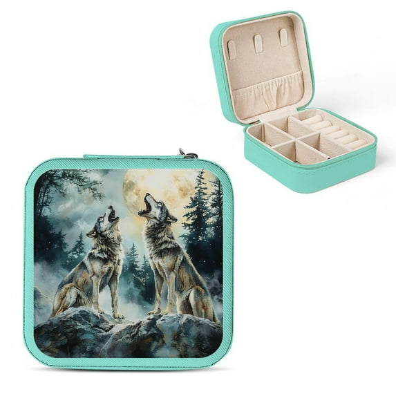 ZFLMY Wolves Rock Moon Jewelry Box for Necklace, Ring, Earring - Compact Travel Size with Multiple Storage Spaces Green