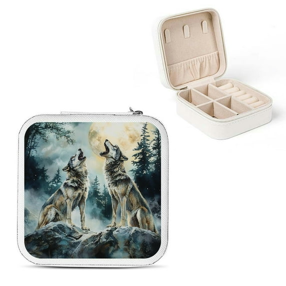 ZFLMY Wolves Rock Moon Jewelry Box for Necklace, Ring, Earring - Compact Travel Size with Multiple Storage Spaces White
