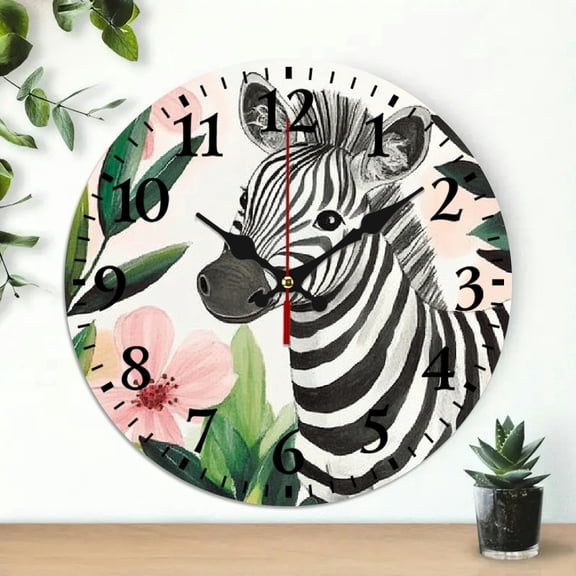 ZFLMY Zebra Leaves Flowers Wall Clock Decor, Silent Mechanical Movement for Living Rooms, Kitchens, Dorms, Gifts, 10 Inches 10x10in