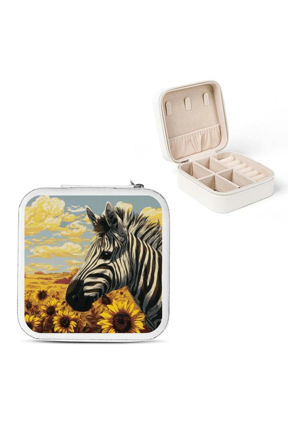 Zebra Sunflower Clouds Travel Jewelry Box for Necklaces Rings White