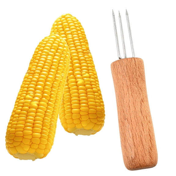 ZFSBZBS 1 Pcs Wooden Handle Stainless Steel BBQ Meat Fruit Forks Barbecue Corn Holder Corn on The Cob Holders for People and Adults Home Cooking and BBQ