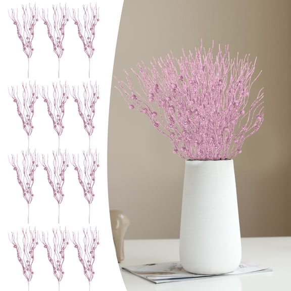 ZFSBZBS 12 Pcs 17 inch Artificial Pearl Stems Ornaments Glitter Curly Sticks Branches for Wreath DIY Crafts Vase Filler Home Party Decoration (Without a Vase),Pink