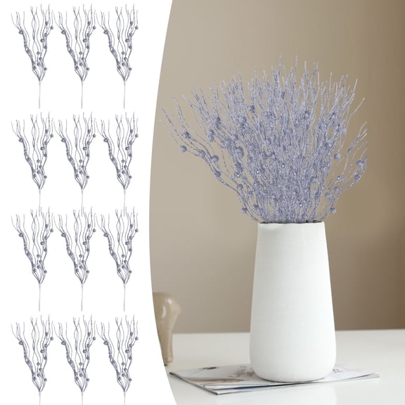 ZFSBZBS 12 Pcs 17 inch Artificial Pearl Stems Ornaments Glitter Curly Sticks Branches for Wreath DIY Crafts Vase Filler Home Party Decoration (Without a Vase),Silver