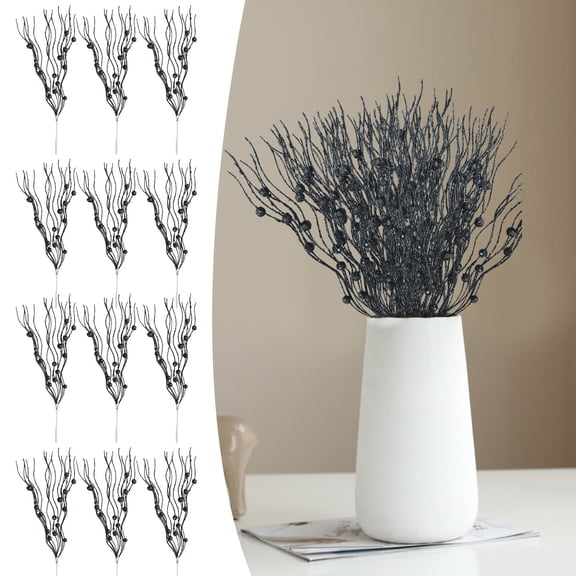 ZFSBZBS 12 Pcs 17 inch Artificial Pearl Stems Ornaments Glitter Curly Sticks Branches for Wreath DIY Crafts Vase Filler Home Party Decoration (Without a Vase),Black