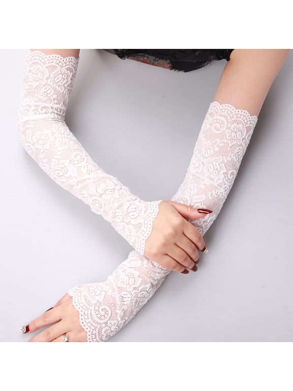 1Pair Sun Protection UV Gloves Fingerless Elbow Length Gloves for Driving Oversleeve Women Men,White