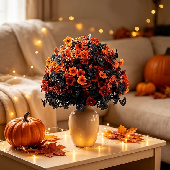 ZFSBZBS 1Pc 24" Artificial Fall Violets Flower Stake, Orange & Black Weatherproof Fake Outdoor Flowers for Halloween Cemetery Grave Decor Yard Porch