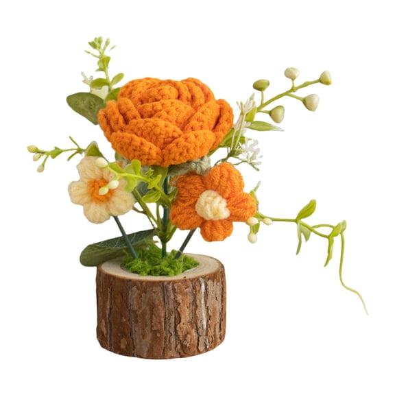 ZFSBZBS 1Pc Hand Woven Rose Ornament Log Base Wool Flower Desktop Home Decoration Small Ornament Desktop Decoration Souvenir,Orange,14*9*9cm