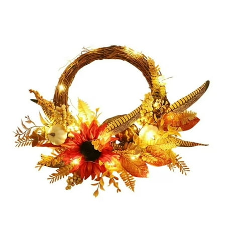 ZFSBZBS 1Pcs Fall Wreaths With Lights For Front Door Decor 13.78'' Fall Door Wreath With Pumpkin Sunflower For Decor Autumn Leaves Outdoor Decorations For Home Porch (Brown)