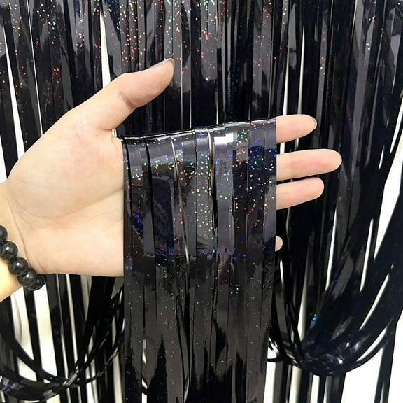ZFSBZBS 1Pcs Foil Curtain Tinsel Foil Fringe Curtains Photo Booth Props for Birthday Wedding Engagement Bachelorette Decorations 1mX1m Black