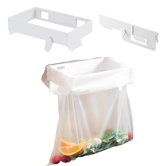 ZFSBZBS 1Pcs Plastic Trash Bag Holder Rack, Folding Hanging Kitchen Trash Can, No Drill Adhesive Mounted Plastic Bag Holderfor Cabinets/Doors/Cupboards,White
