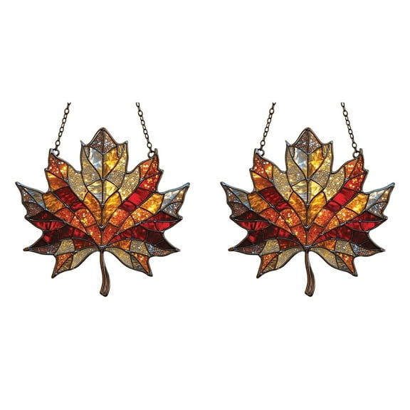 ZFSBZBS 2Pcs Maple Leaf Suncatcher, Stained Glass Window Hanging, Glitter Maple Leaves Fall Ornaments, Maple Leaf Pendant for Fall Winter Thanksgiving (Style B*2)