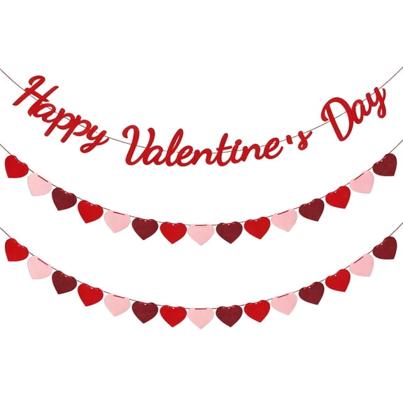ZFSBZBS 3-String 1-Set Happy Valentine's Day Banner & Heart Garland Bunting Decor for Valentine's Bedroom & Dinner Table Valentine's Day Decorations,Red