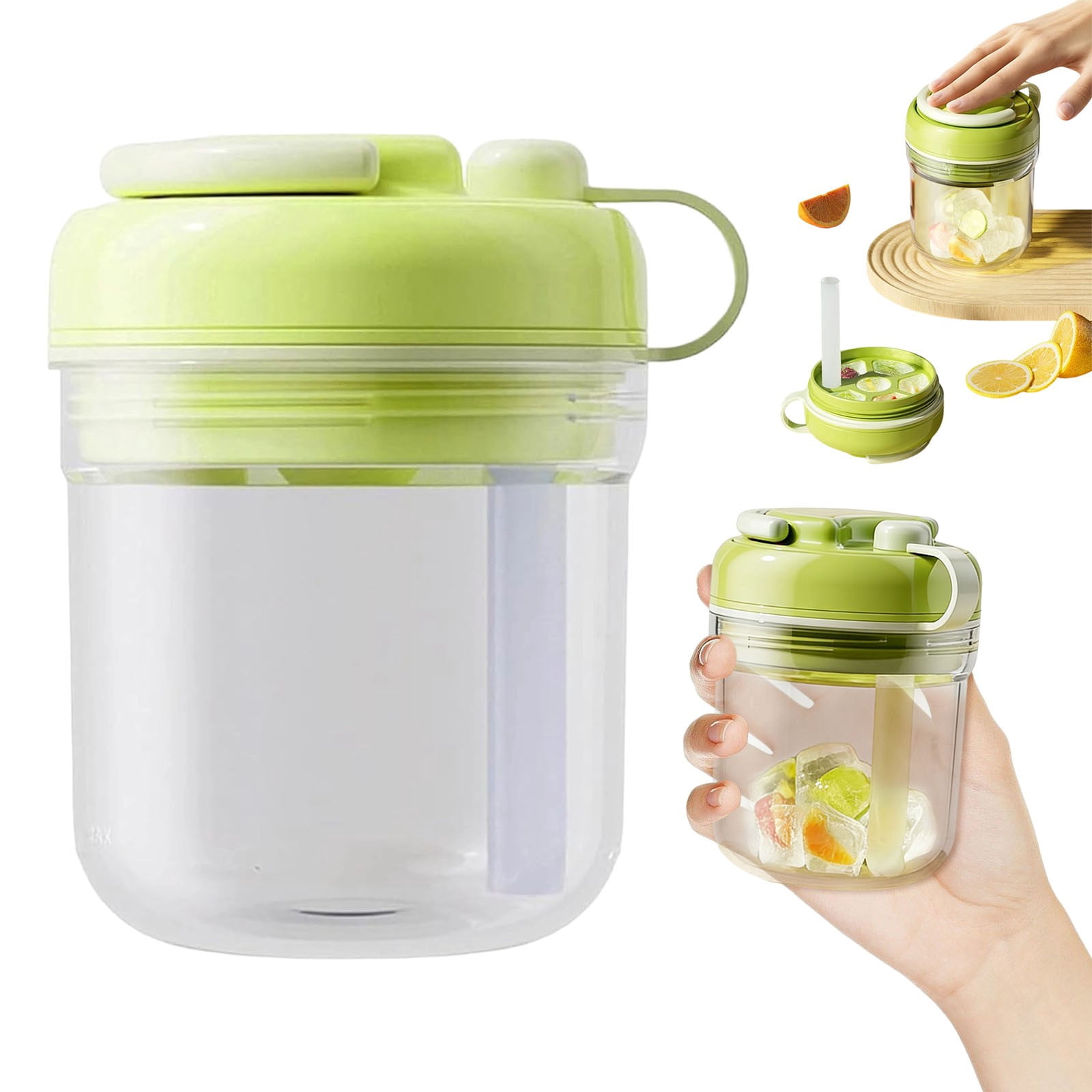 ZFSBZBS 3-in-1 Ice Cube Bottle with Straw - Easy Press Ice Tray Water Bottle, Leak Proof Lid, Vertical Ice Maker for Freezer, Travel, Gym & Home Use (Green, 500ml)