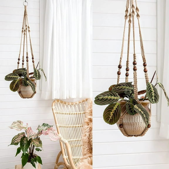ZFSBZBS 35 Inch Indoor Jute Hand Woven Balcony Hanging Basket, Flower Pot Net Pocket With Wood Beads Decorative Flower Pot Holder No Tassels for Indoor Outdoor Boho Home Decor Brown