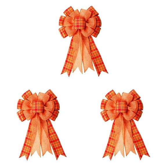 ZFSBZBS 3Pcs Large Fall Wreath Gift Bow Orange Buffalo Plaid for Thanksgiving, Fall, Christmas - Large Wreath, Tree Topper, Indoor/Outdoor Decoration (Orange*3)