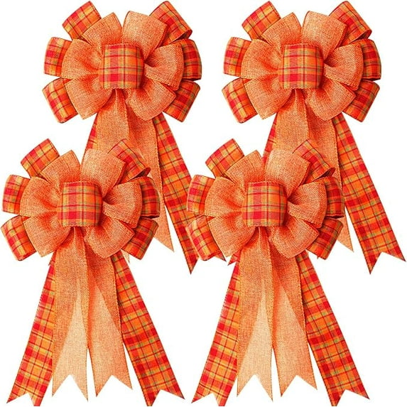 ZFSBZBS 4Pcs Large Fall Thanksgiving Wreath Gift Bow -18.9x9.84inch Orange Buffalo Plaid Check Wreath, Thanksgiving, Christmas, Home Indoor Outdoor Ornaments Orange