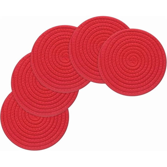 ZFSBZBS 5 Pcs 4.33 Inches Trivets for Hot Dishes, Heat Resistant Trivets for Hot Pots and Pans, Cotton Hot Pads Coasters Mat for Christmas Kitchen Cooking Supplies,Red