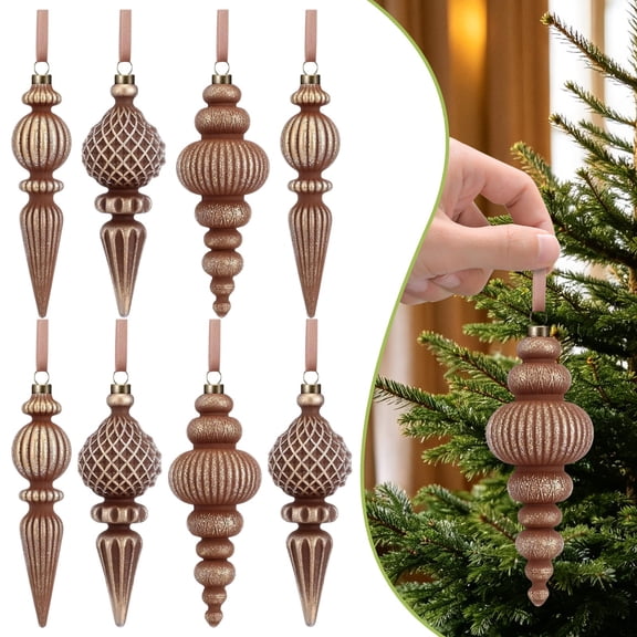 ZFSBZBS 9 Pcs Neutral Finial Christmas Ornaments Xmas Tree Decor,Patina Vintage Textured Christmas Tree Decor with Loop, Farmhouse Shatterproof Hanging Baubles, Rustic Large Decor, for Home Garland