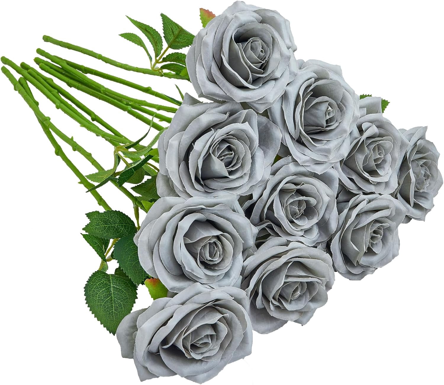 ZFSBZBS Artificial Rose 10pcs Open Flower Bouquet Faux Rose Stems for Wedding Arrangement, Bridal Bouquet, Centerpiece, Fake Faux Silk Flowers,Silver*10 Pcs