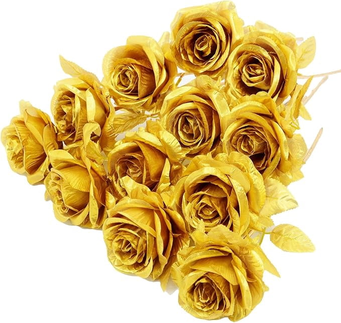 ZFSBZBS Artificial Rose 12pcs Open Flower Bouquet Faux Rose Stems for Wedding Arrangement, Bridal Bouquet, Centerpiece, Fake Faux Silk Flowers,Rose Gold*12 Pcs