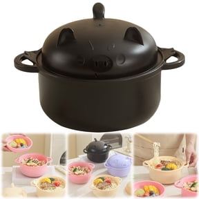 ZFSBZBS Cute Ramen Bowl Set Microwavable Pig Ramen Noodle Cooker Wheat Straw Bowl with Strainer Lid Handle Spoon Chopsticks Fork Gift for Home Dorm College,Black
