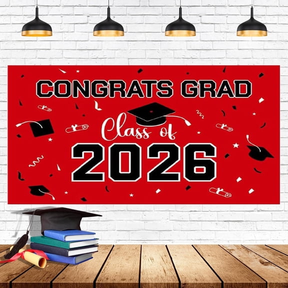 ZFSBZBS Graduation Party Decorations 2026 Plastic Backdrop - Congrats Grad Banner in Blue, Large Class of 2026 Decorations, Photography & Grad Party Supplies,Red