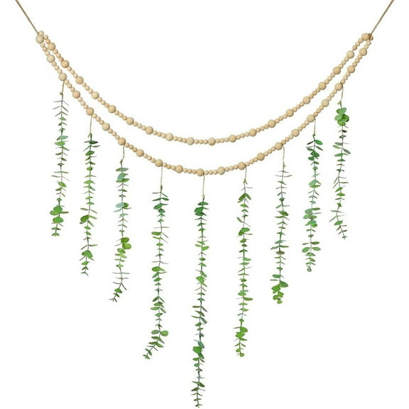 ZFSBZBS Hanging Eucalyptus Boho Wall Decor Large Boho Bedroom Wall Hanging Wooden Bead Garland Artificial Eucalyptus Natural Greenery Decoration, 43 x 31 Inch Green