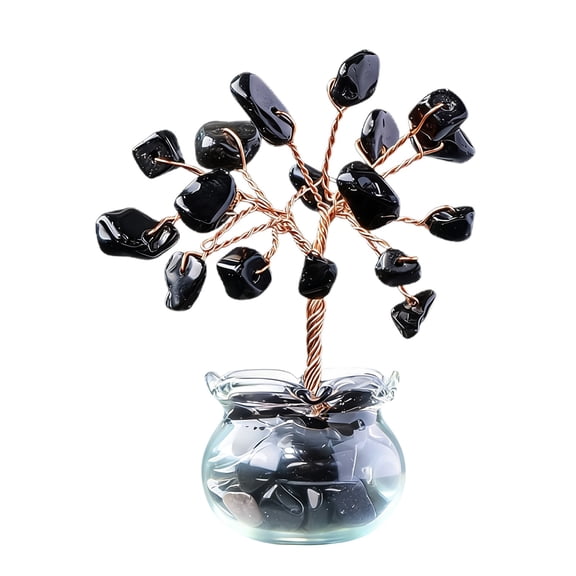 ZFSBZBS Healing Crystals Rose Quartz Crystal Tree with Glass Base Handmade Natural Gemstone Life Tree Mini Bonsai Money Trees Good Luck Home Office Desk Decor,Black