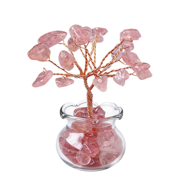 ZFSBZBS Healing Crystals Rose Quartz Crystal Tree with Glass Base Handmade Natural Gemstone Life Tree Mini Bonsai Money Trees Good Luck Home Office Desk Decor,Pink