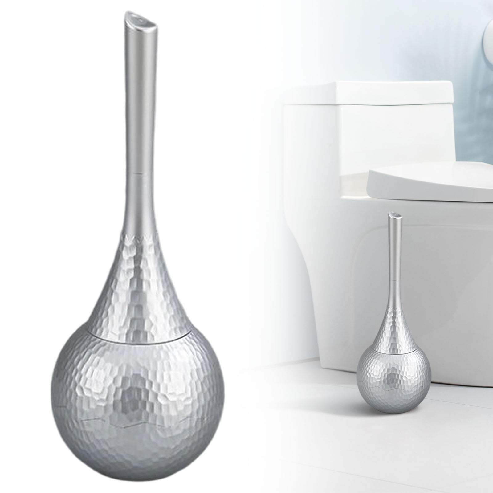 ZFSBZBS Hideaway Toilet Brush Set,Hammered Elegant Bathroom Decor With Anti Shield & 360° Cleaning Base Proof Modern Accessories for Home Hotel,Silver
